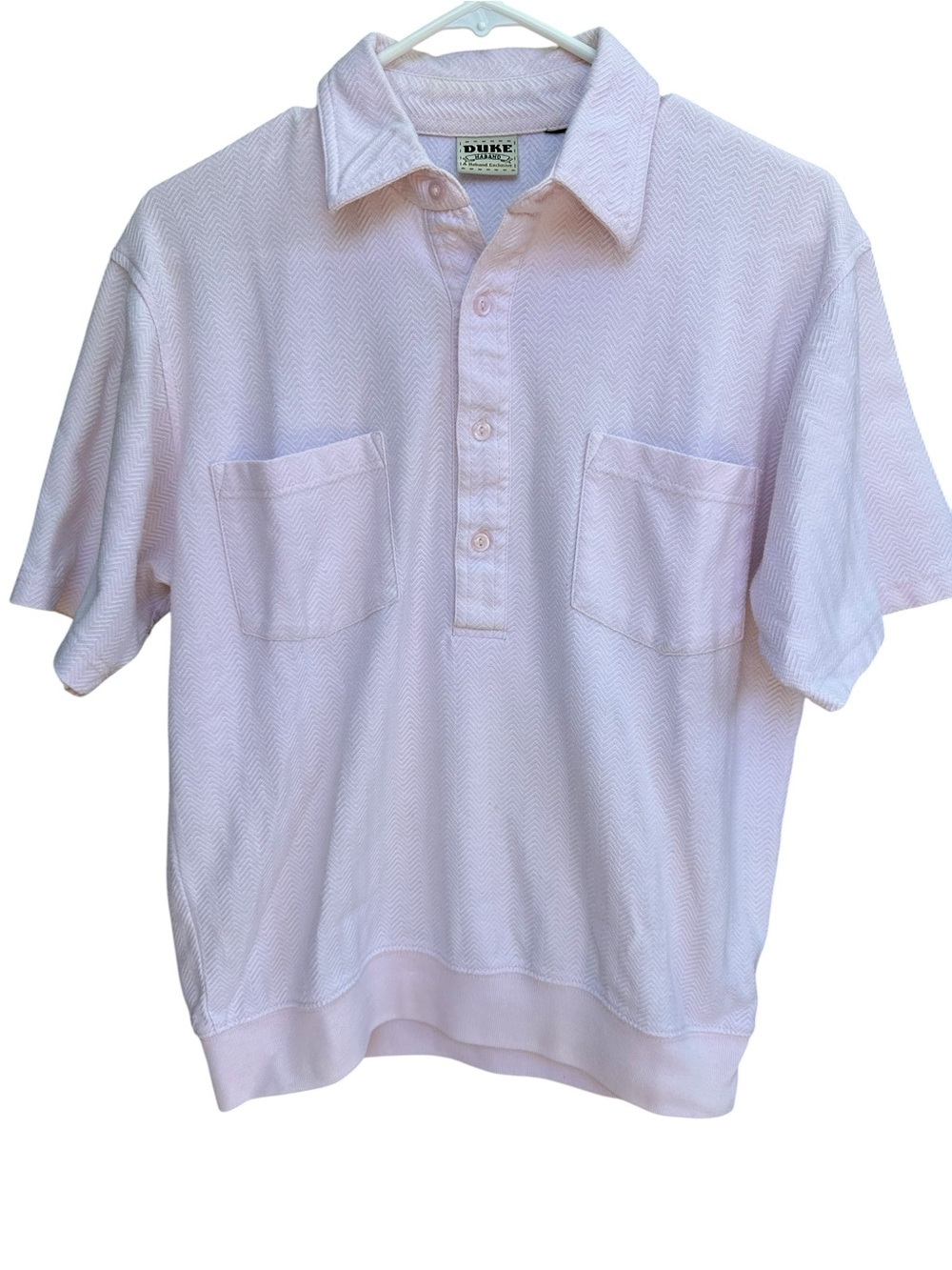 Vintage Duke Haband Textured Polo Men’s Large Pink Herringbone Retro Golf Casual